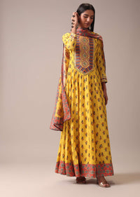 Mustard Yellow Floral Printed Anarkali Suit Set In Art Silk