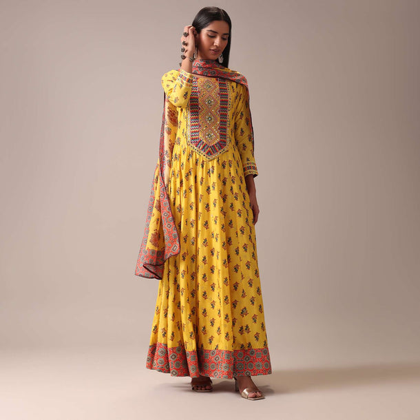 Mustard Yellow Floral Printed Anarkali Suit Set In Art Silk