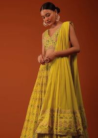 Mustard Yellow Floral Printed Georgette Lehenga And Silk Blouse Set