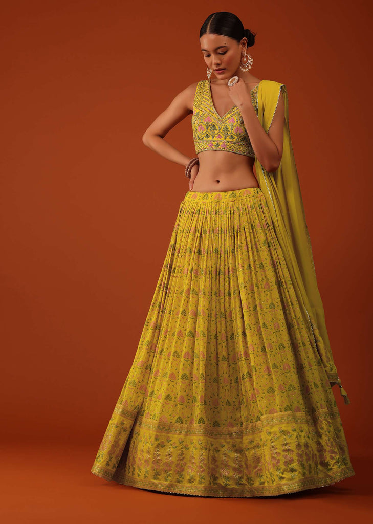 Mustard Yellow Floral Printed Georgette Lehenga And Silk Blouse Set