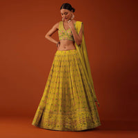 Mustard Yellow Floral Printed Georgette Lehenga And Silk Blouse Set