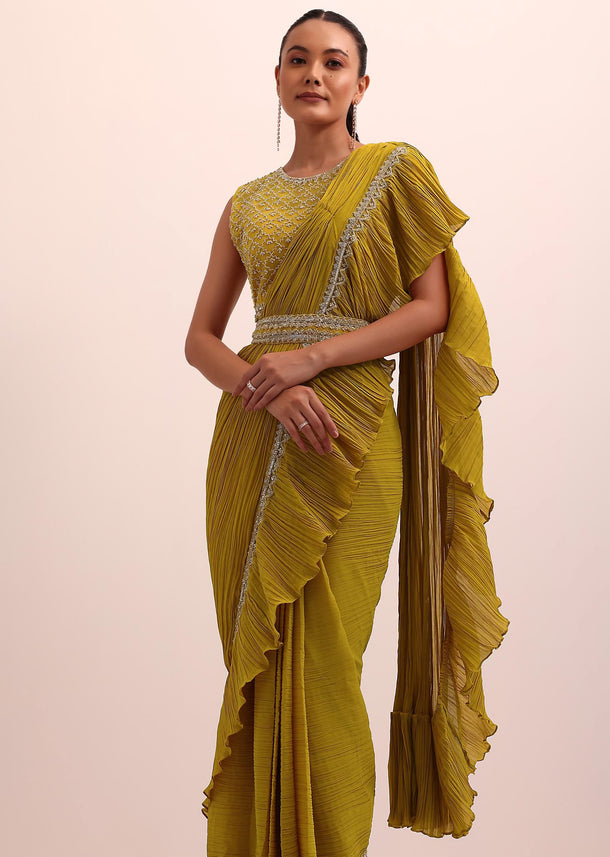 Mustard Yellow Georgette Frill Saree With Embellished Blouse