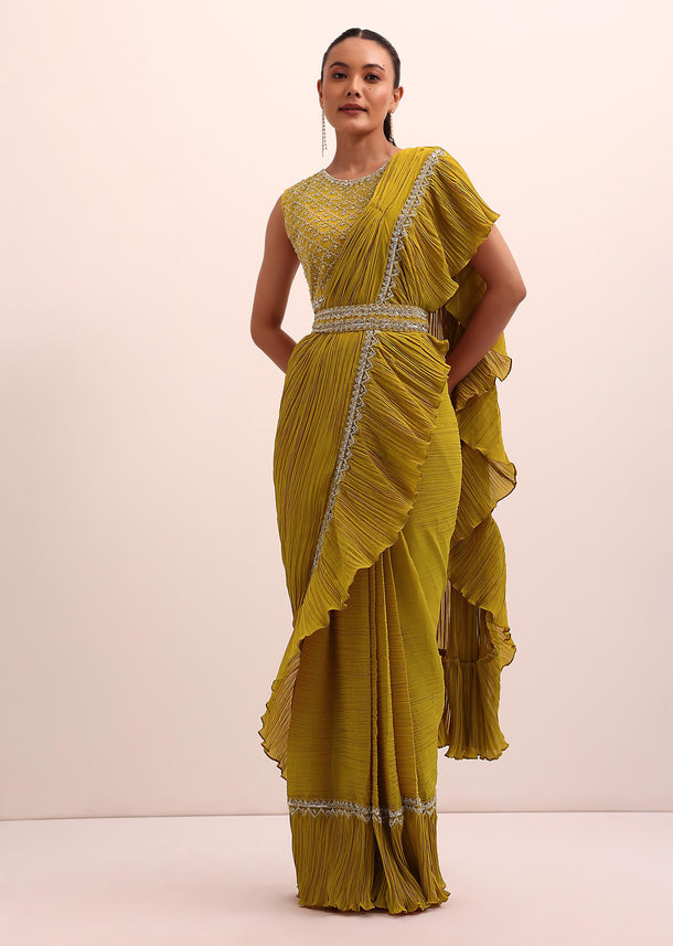 Mustard Yellow Georgette Frill Saree With Embellished Blouse