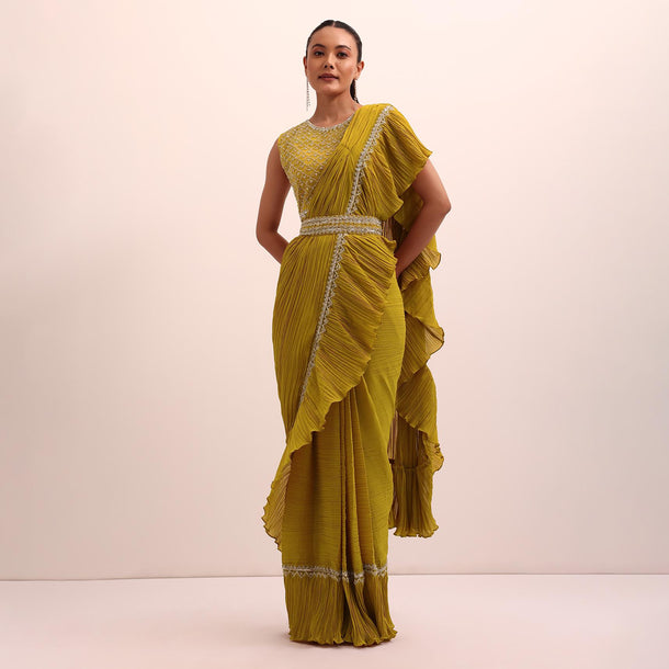 Mustard Yellow Georgette Frill Saree With Embellished Blouse