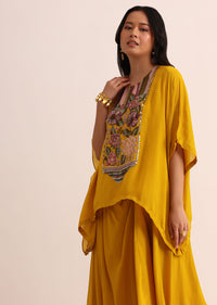 Mustard Yellow Georgette Skirt And Cape In Resham Work