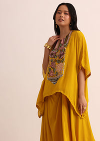 Mustard Yellow Georgette Skirt And Cape In Resham Work