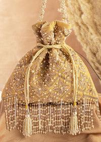 Mustard Yellow Hand Embroidered Potli In Raw Silk
