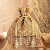 Mustard Yellow Hand Embroidered Potli In Raw Silk