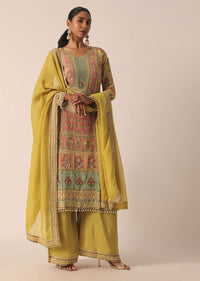 Mustard Yellow Hand Embroidered Kurta And Palazzo Set In Silk