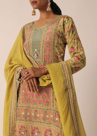 Mustard Yellow Hand Embroidered Kurta And Palazzo Set In Silk