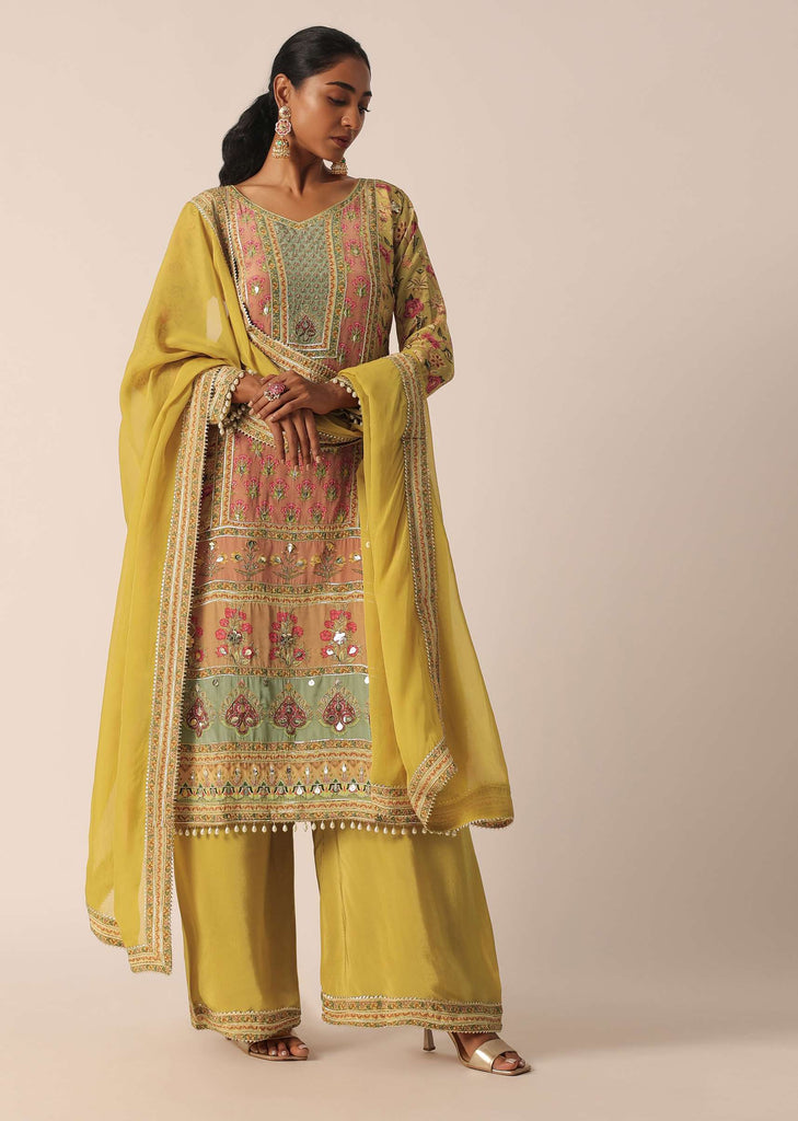 Mustard Yellow Hand Embroidered Kurta And Palazzo Set In Silk