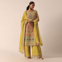 Mustard Yellow Hand Embroidered Kurta And Palazzo Set In Silk