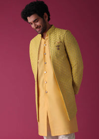 Mustard Yellow Jacket Kurta Set In Silk Blend With Threadwork And Sequins