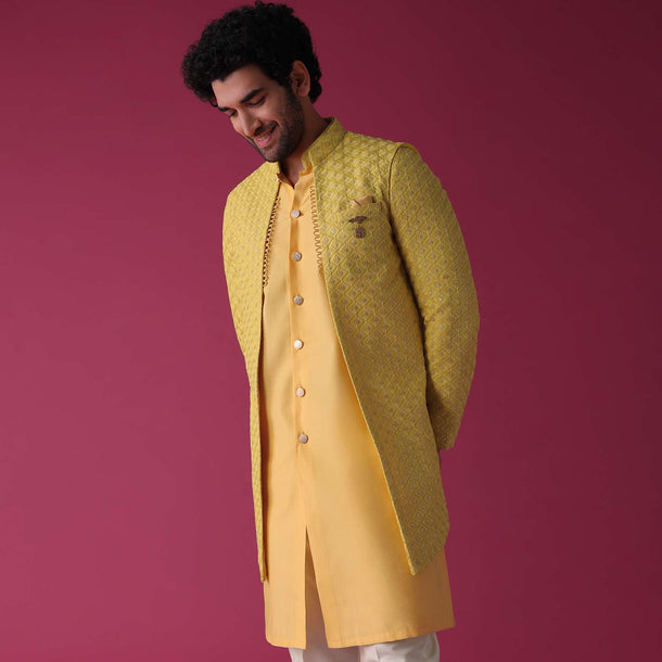 Mustard Yellow Jacket Kurta Set In Silk Blend With Threadwork And Sequins