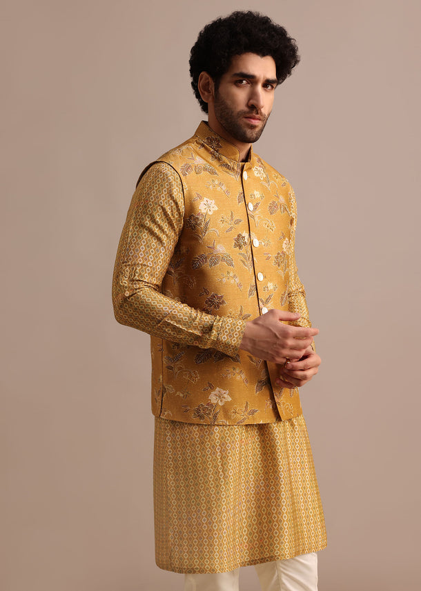 Mustard Yellow Kurta Jacket Set With Floral Cutdana Embroidery