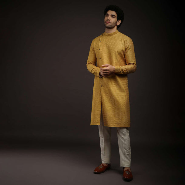 Mustard Yellow Kurta Set With Resham And Sequins Embroidered Jaal And Off Centre Placket