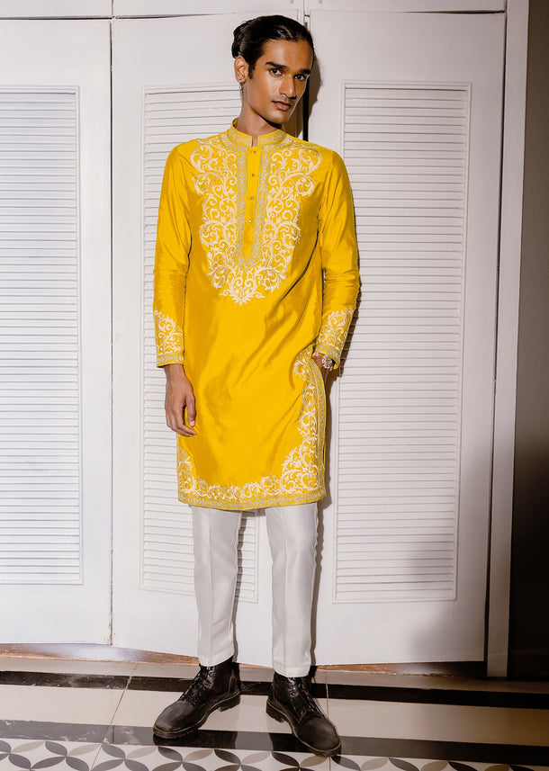 Mustard Yellow Kurta Set With Threadwork