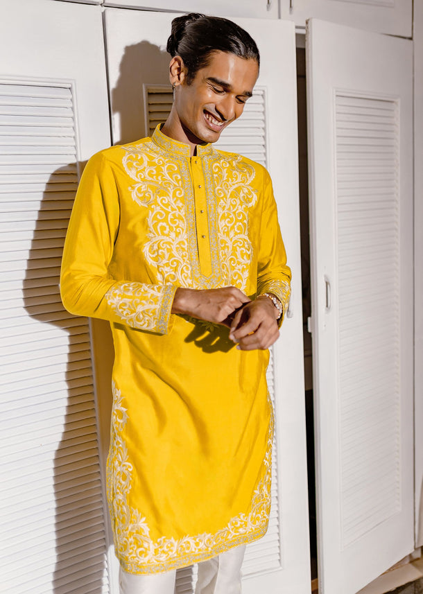Mustard Yellow Kurta Set With Threadwork