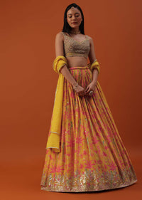 Mustard Yellow Lehenga And Blouse In Chinon With Floral Work