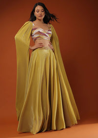 Mustard Yellow Lehenga And Crop Top In Long Cape Sleeves, Crafted In Crush With A Side Zip Closure