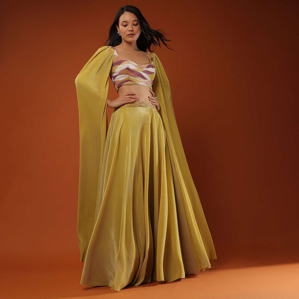 Mustard Yellow Lehenga And Crop Top In Long Cape Sleeves, Crafted In Crush With A Side Zip Closure