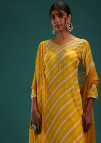 Mustard Yellow Leheriya Printed Kurti And Palazzo Set