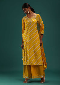 Mustard Yellow Leheriya Printed Kurti And Palazzo Set