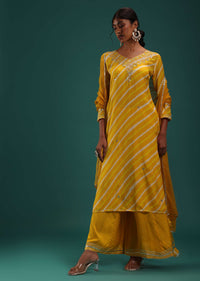 Mustard Yellow Leheriya Printed Kurti And Palazzo Set