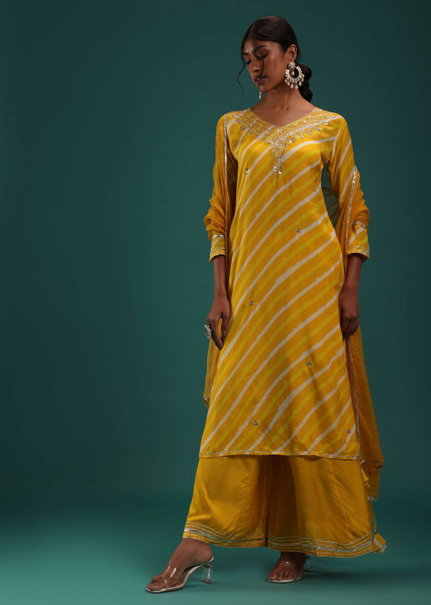 Mustard Yellow Leheriya Printed Kurti And Palazzo Set