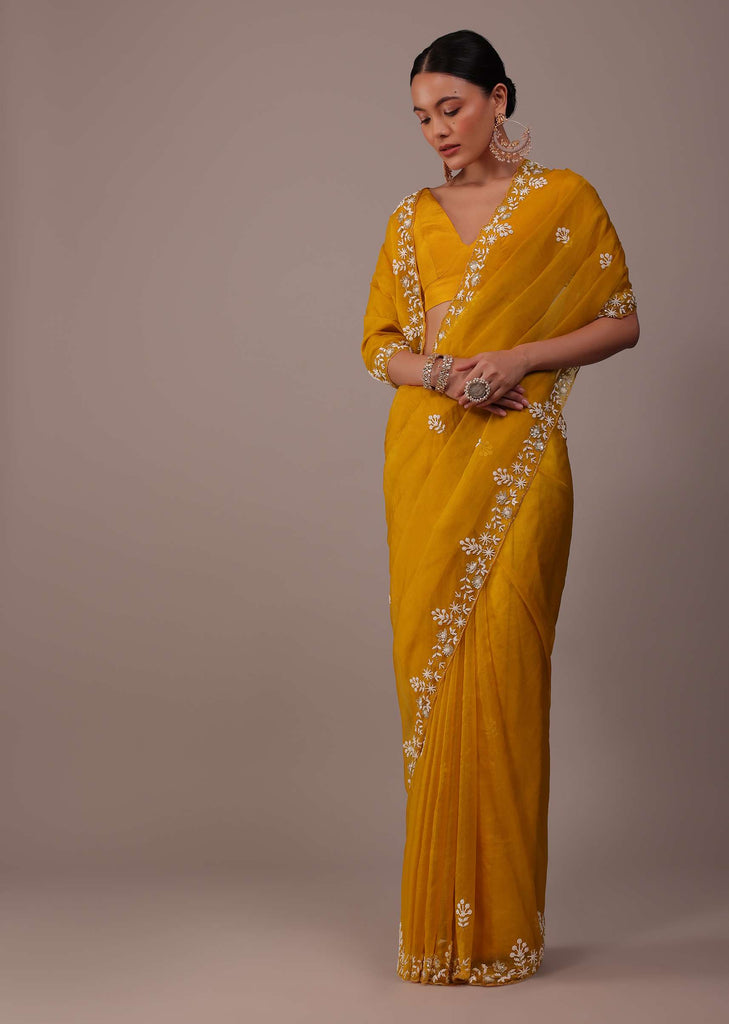 Mustard Yellow Organza Saree With Moti And Cut Dana Embroidery