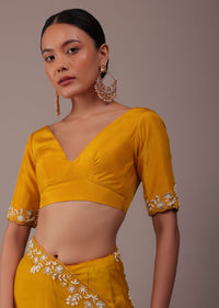 Mustard Yellow Organza Saree With Moti And Cut Dana Embroidery