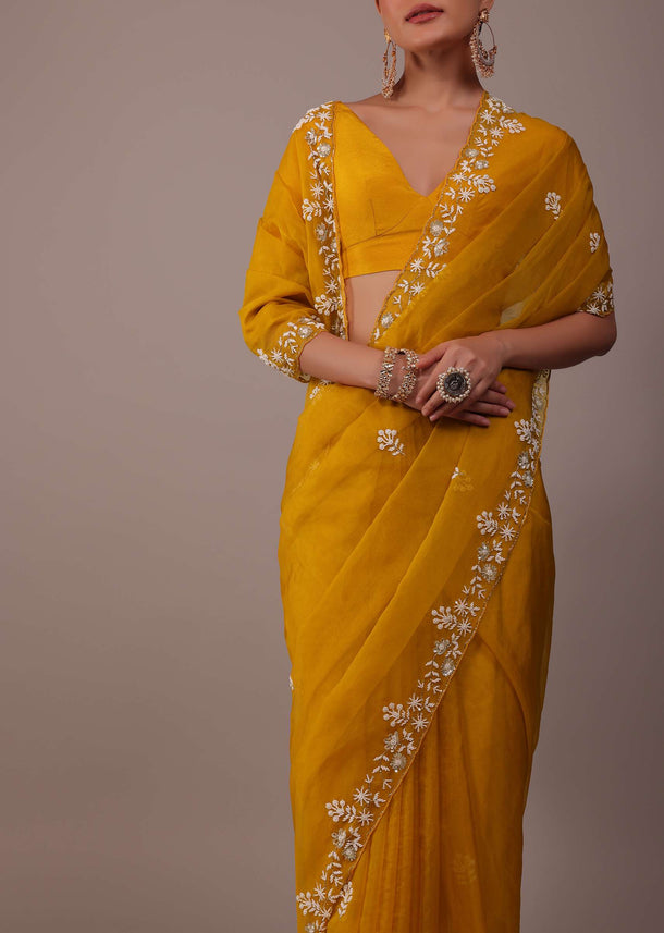 Mustard Yellow Organza Saree With Moti And Cut Dana Embroidery