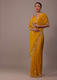 Mustard Yellow Organza Saree With Moti And Cut Dana Embroidery