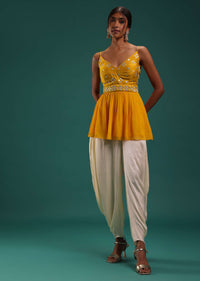 Mustard Yellow Peplum Top And Dhoti Set With Abla Work