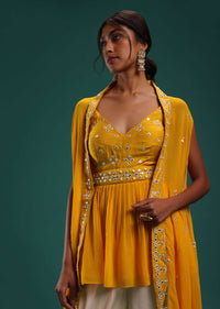 Mustard Yellow Peplum Top And Dhoti Set With Abla Work