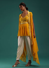 Mustard Yellow Peplum Top And Dhoti Set With Abla Work