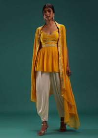 Mustard Yellow Peplum Top And Dhoti Set With Abla Work
