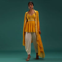 Mustard Yellow Peplum Top And Dhoti Set With Abla Work