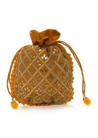 Mustard yellow potli bag beautified in gotta patti embroidered work only on Kalki