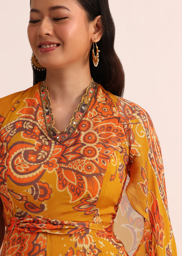 Mustard Yellow Printed Chiffon Jumpsuit