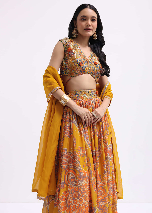 Mustard Yellow Printed Georgette Lehenga Choli Set