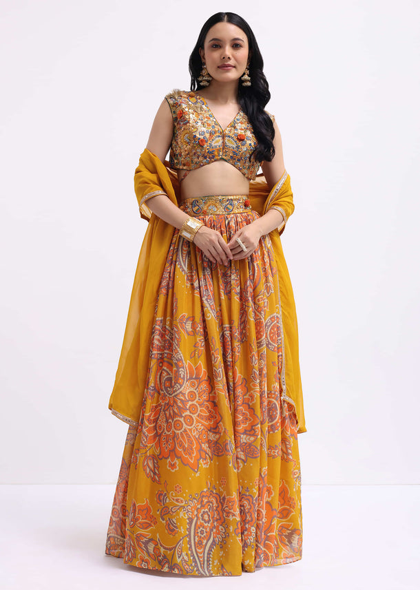 Mustard Yellow Printed Georgette Lehenga Choli Set