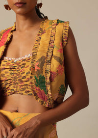 Mustard Yellow Printed Jacket And Lehenga Set