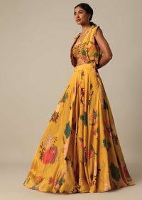 Mustard Yellow Printed Jacket And Lehenga Set