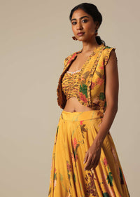 Mustard Yellow Printed Jacket And Lehenga Set