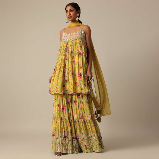 Mustard Yellow Printed Kurta Sharara Set With Sequins