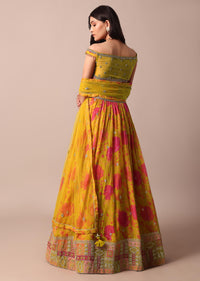 Mustard Yellow Printed Lehenga With Embroidered Choli And Net Dupatta