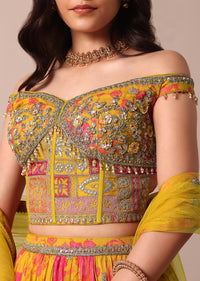 Mustard Yellow Printed Lehenga With Embroidered Choli And Net Dupatta