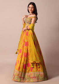 Mustard Yellow Printed Lehenga With Embroidered Choli And Net Dupatta