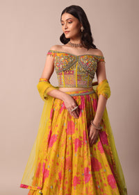 Mustard Yellow Printed Lehenga With Embroidered Choli And Net Dupatta